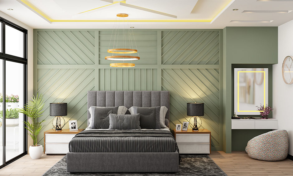 Bedroom pop colour combination of green and white creates a meditative ambience
