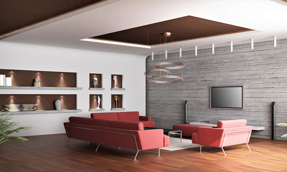 Brown and white pop and wall colour combination in a stylish drawing room