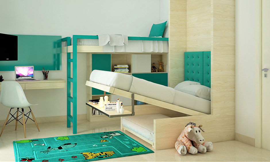 Bunk beds with pull-out double for kid’s room for a lively vibe