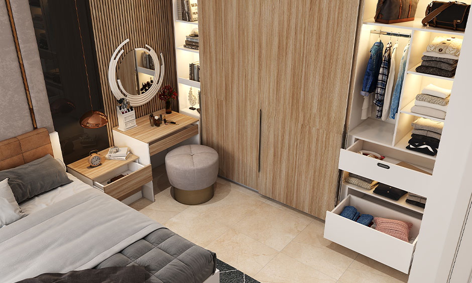 White and light veneer finish compact dressing table with storage compartments