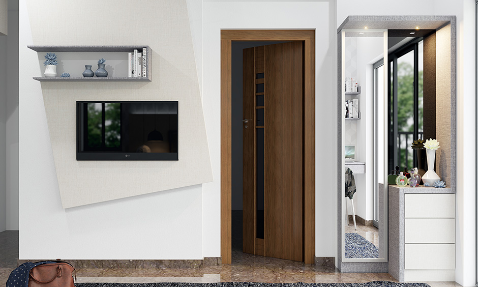 Corner dressing table with storage maximises space efficiency