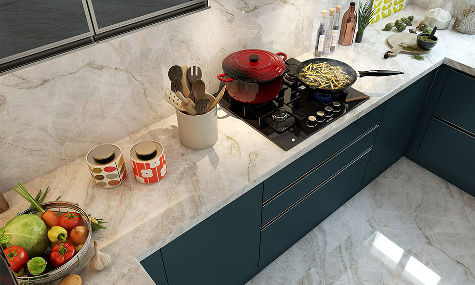 A sleek kitchen slab with a stone design adds elegance and sophistication to the kitchen decor