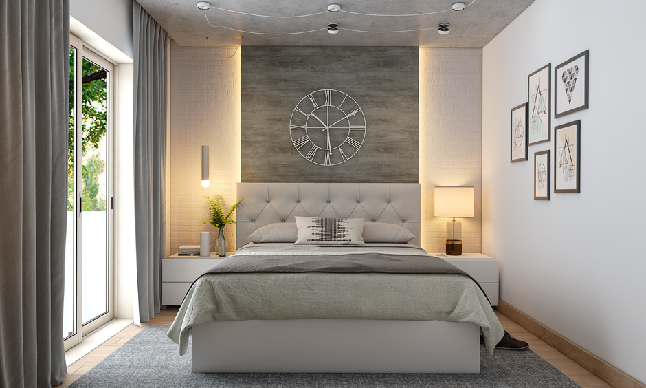 Grey upholstered bed with hydraulic storage compartments for easy organization