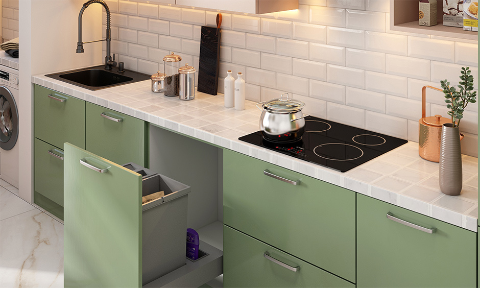 White square patterned kitchen slab tile design adds a touch of artistic flair