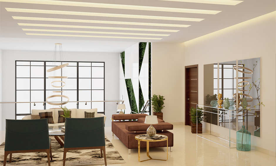A large living room with a mirror in rectangular shapes creates a window-like ambience