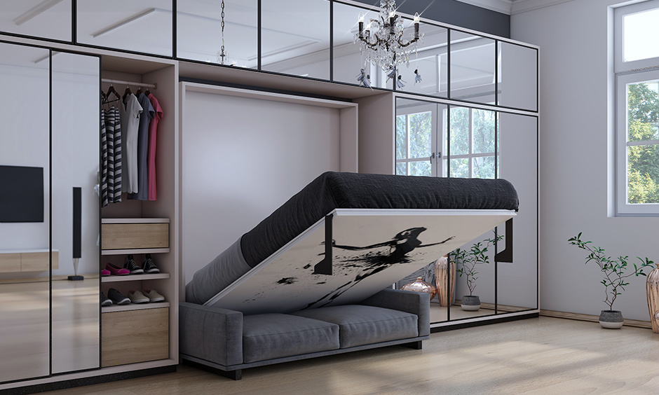 Wall-mounted Murphy pull-out bed design for small room