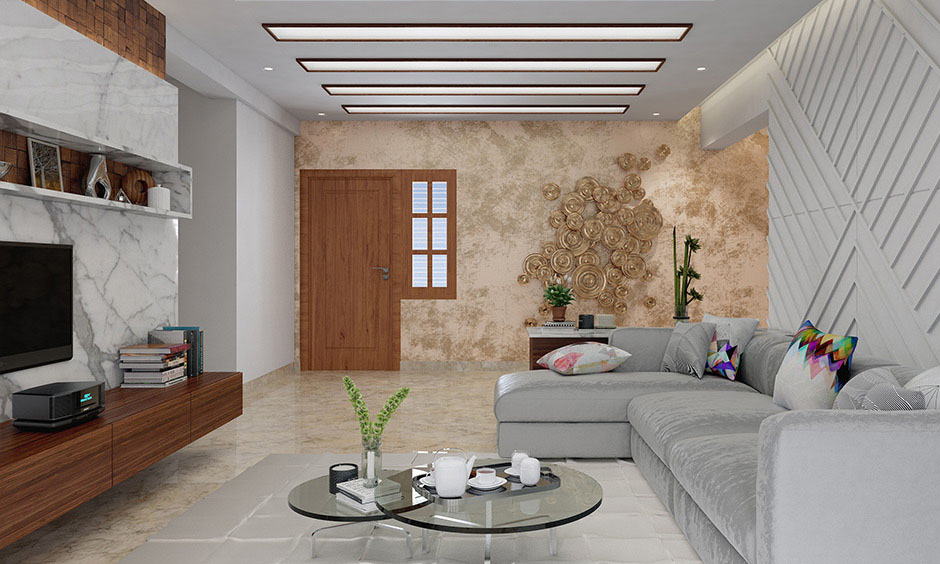 Mix of woody beige and white pop colour combinations for living room creates a culturally enriching atmosphere