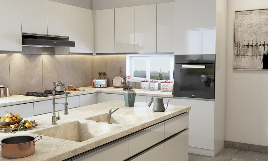 Simple modern kitchen sink design with a double bowl sitting on top of the kitchen island