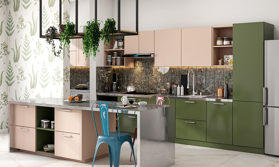 Stainless steel kitchen slab design attached with warm-toned cabinetry