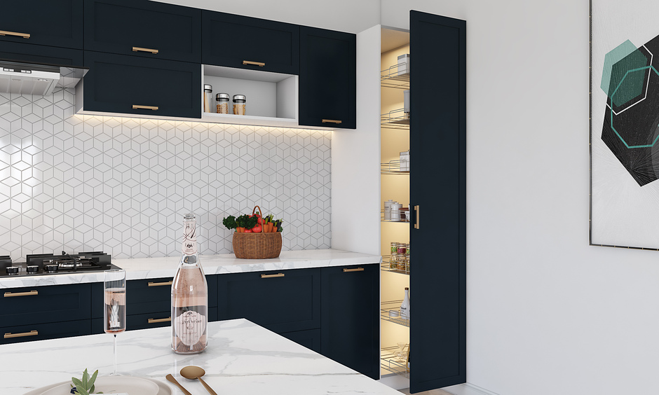 Kitchen pantry unit with vertical storage and integrated lights