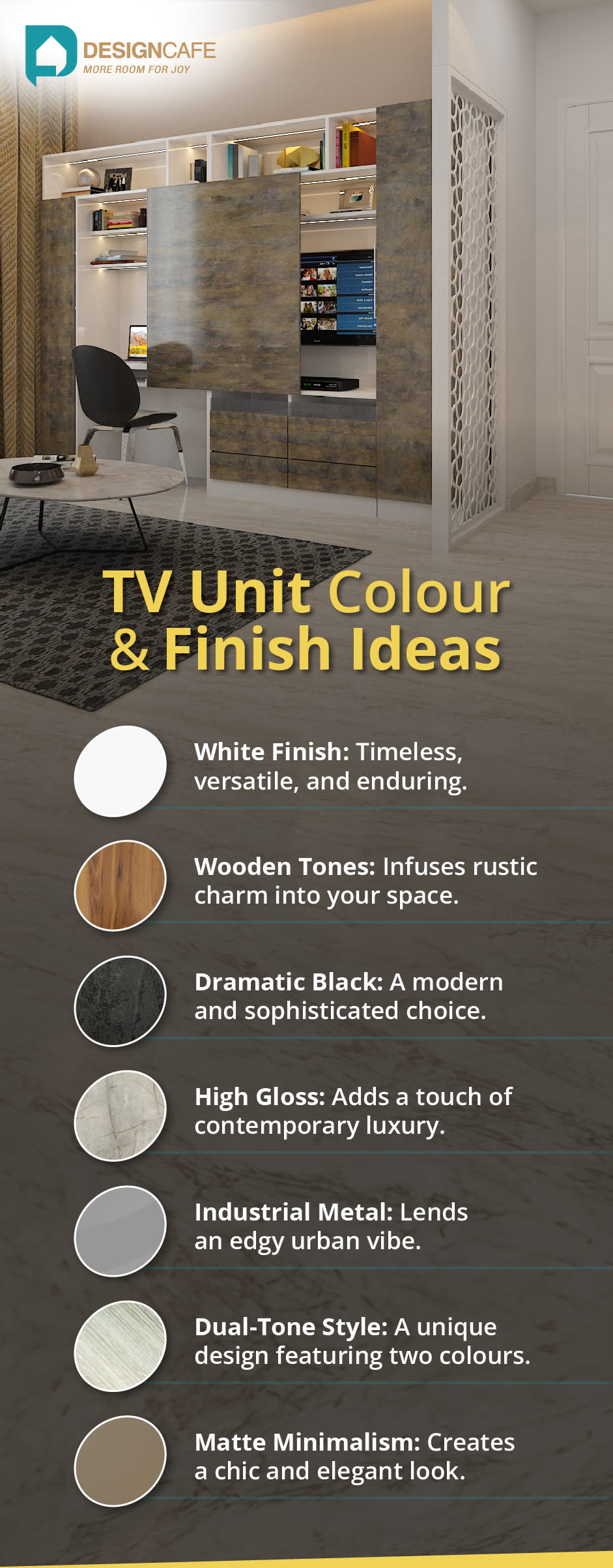 Various colour and finish ideas for Tv unit