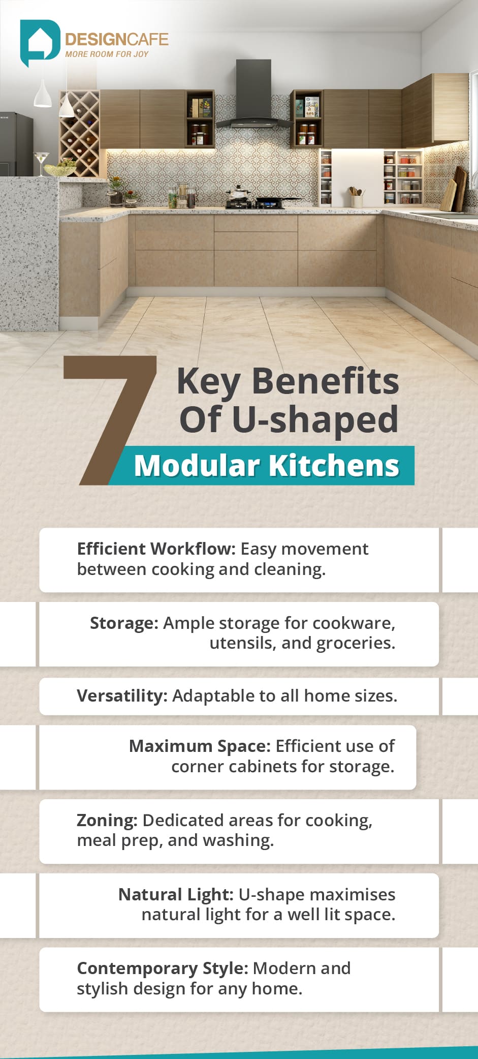 U-shaped kitchen's benefits are efficient workflow, storage, versatility and contemporary style