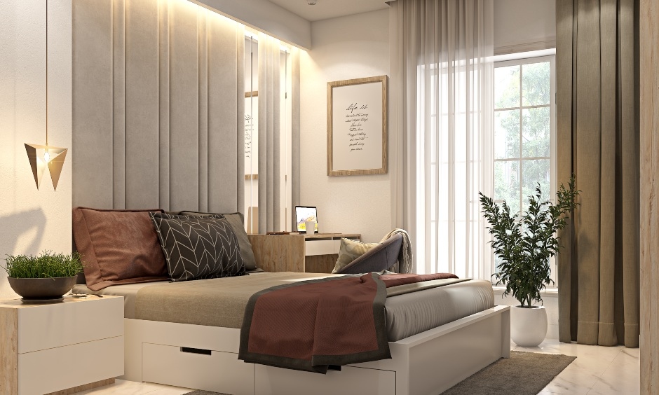 Grey and white tufted upholstered storage bed, reaching from floor to ceiling