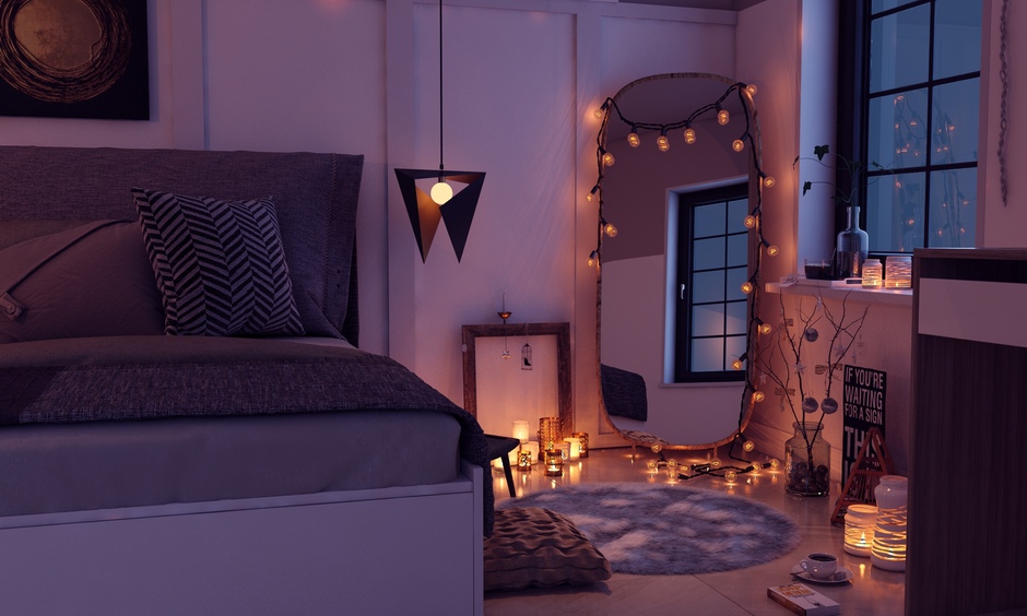 Very small studio apartment ideas with bold dark hues and a floor mirror add visual drama and sophistication to the space