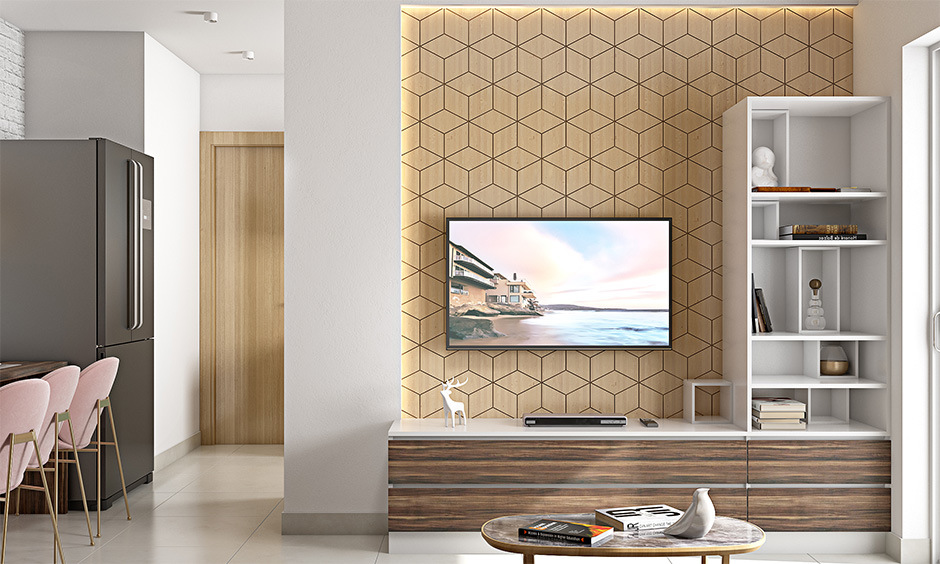 Wooden corner TV stand with open box shelves for easy storage and display