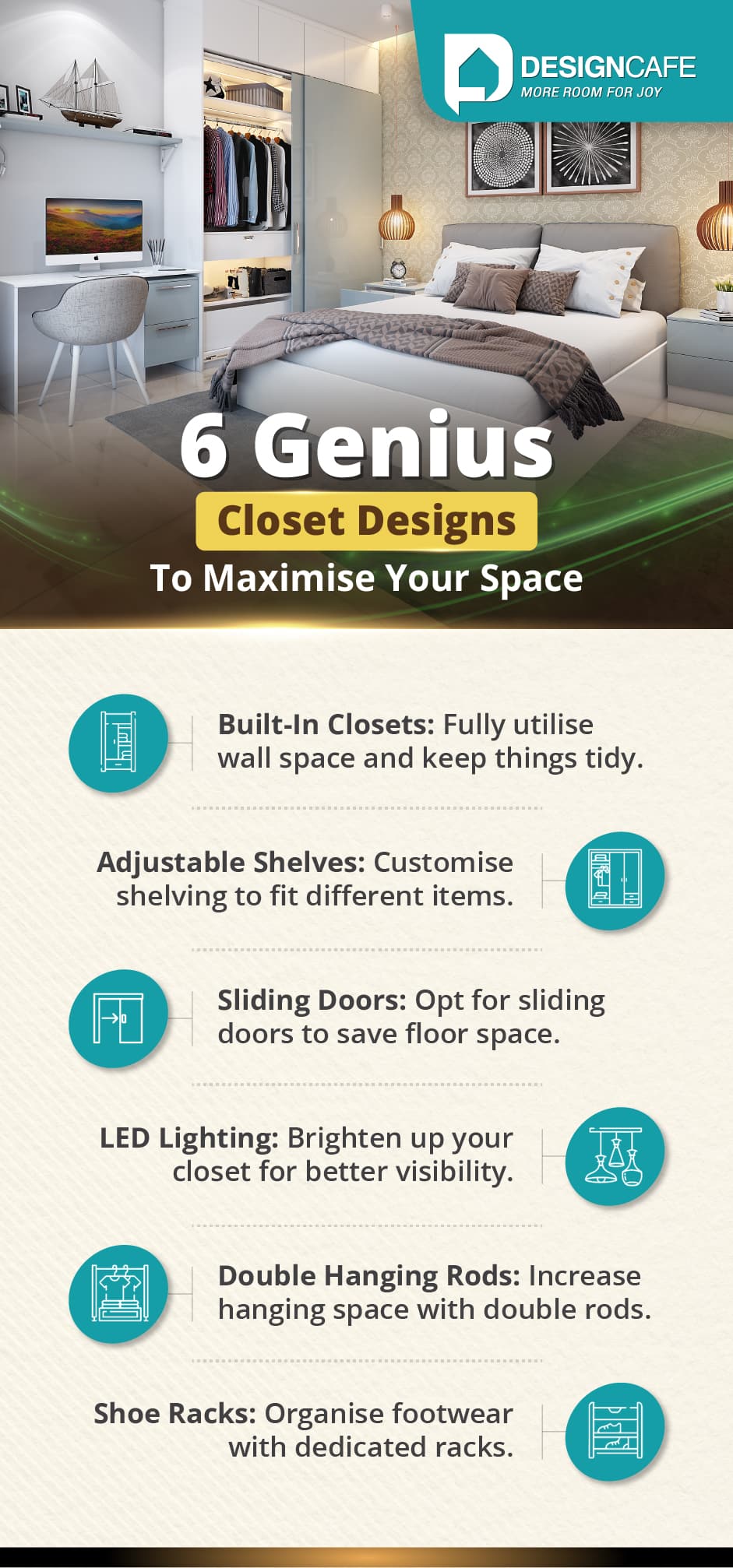 6 clever closet designs to maximise space: built-in, adjustable shelves, sliding doors, LED lighting, double rods, shoe racks