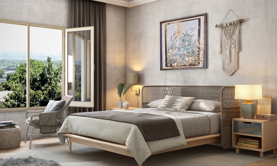 Bedroom interior design trend 2024 includes rattan in wardrobe shutters, dressers