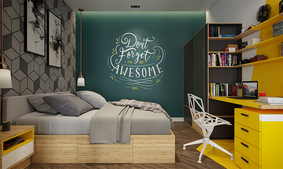 Bedroom wall stencil design delivers an inspiring quote, 'Don't forget to be awesome,' in white