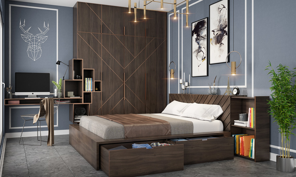 Bedroom with grey floor tiles complements the grey wall