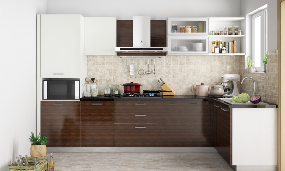 High gloss laminate kitchen cabinets finish and have a bold brown colour