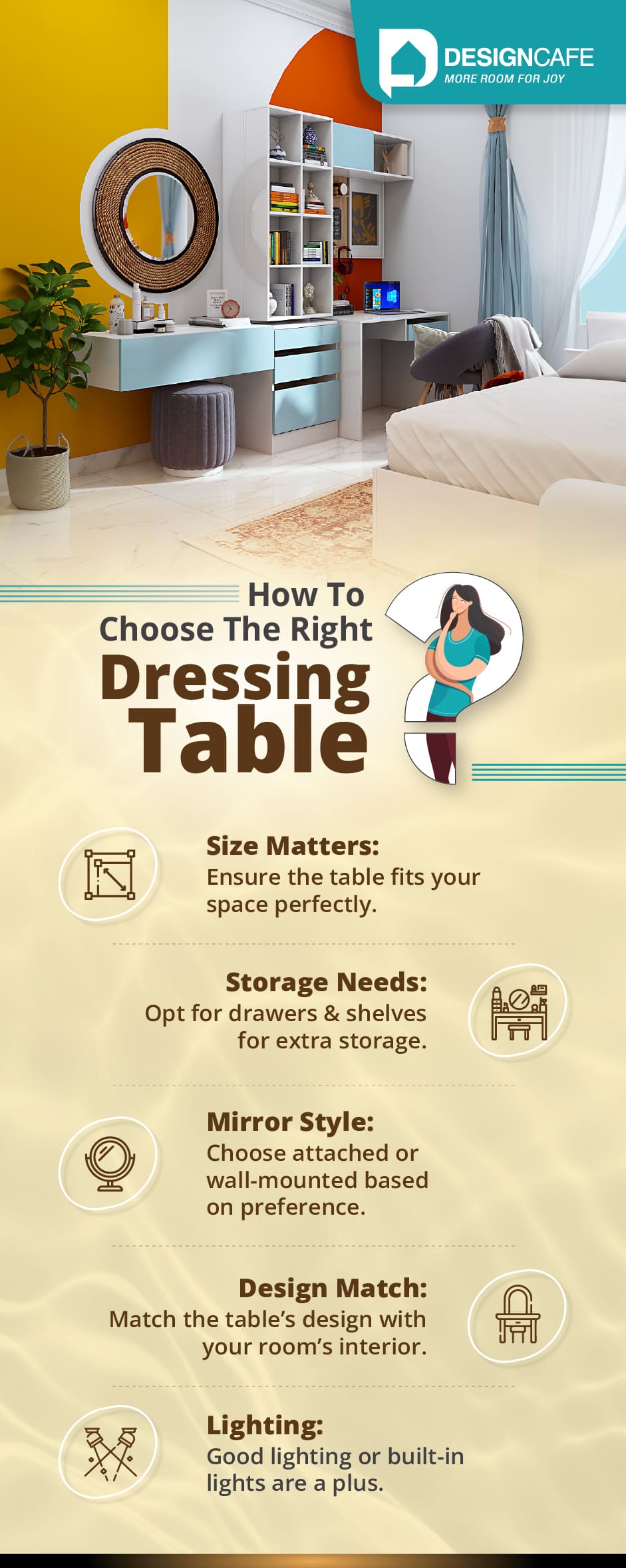 Choose right dressing table based on size, storage, mirror, and lighting for a perfect match