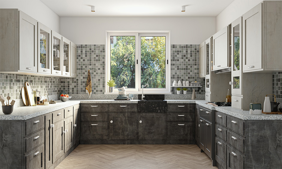 Grey kitchen tiles enhance the ambience with dark grey base and white top cabinets