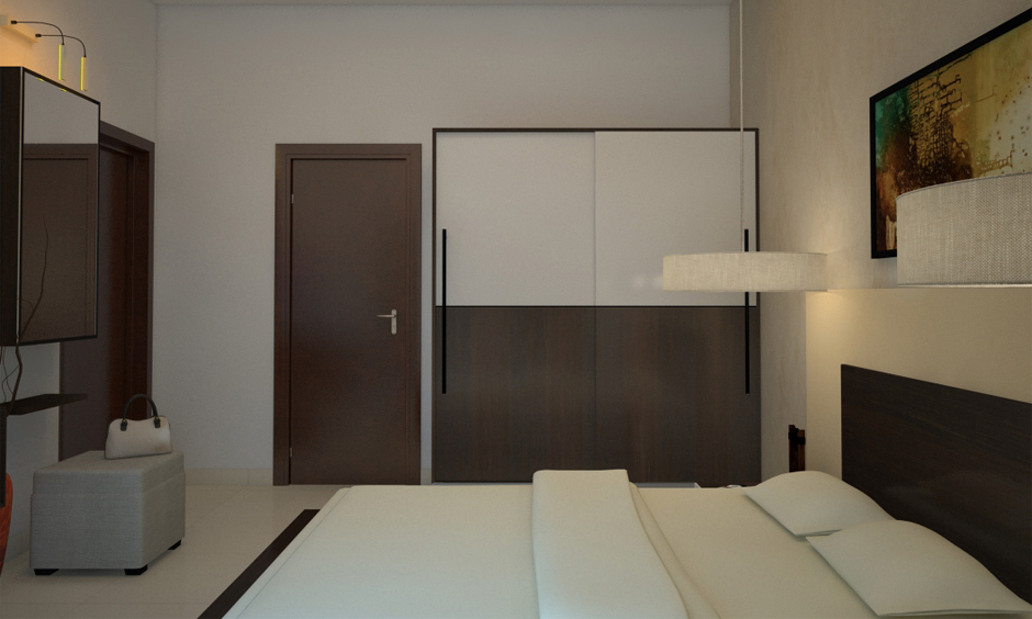 Bedroom wardrobe in high gloss PVC laminate sheet and sleek design