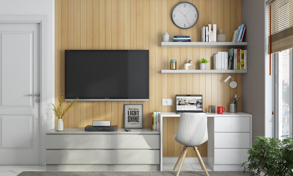 Floating wall shelves for home office in pastel or wooden touch