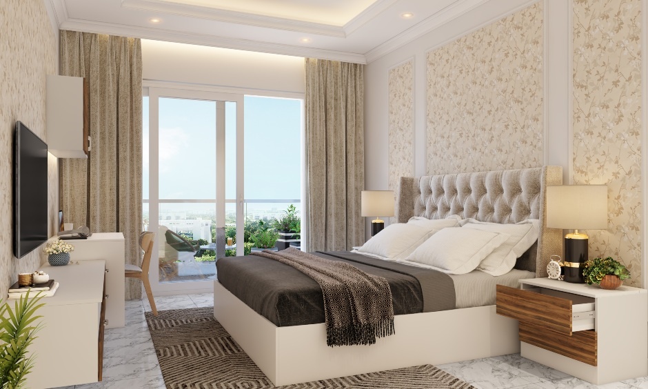 Modern luxury bed design featuring an upholstered and curved headboard