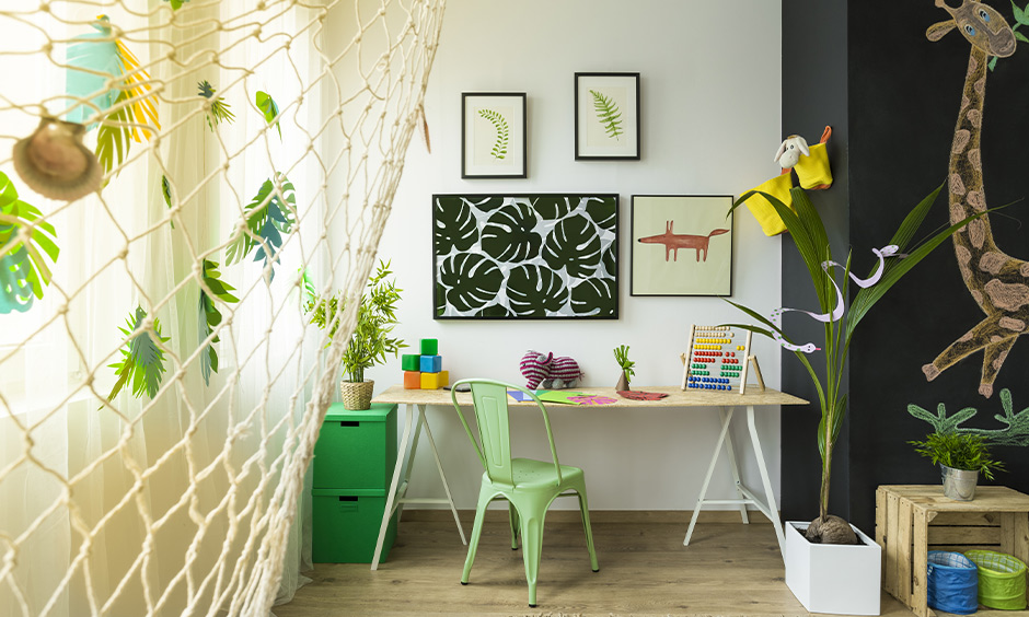 Kids bedroom in nature themed decor with sustainable materials