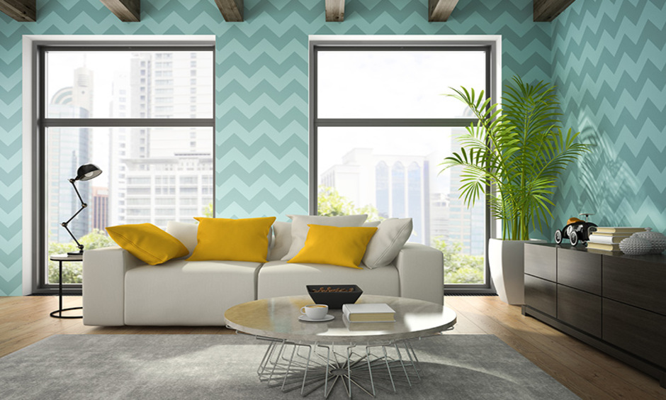 Pastel blue wallpaper in chevron print for a contemporary look