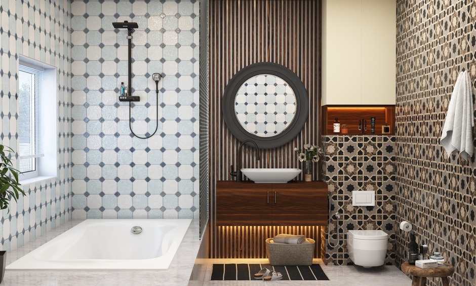 Textured wallpaper with patterns, lines and colours to elevate your bathing experience