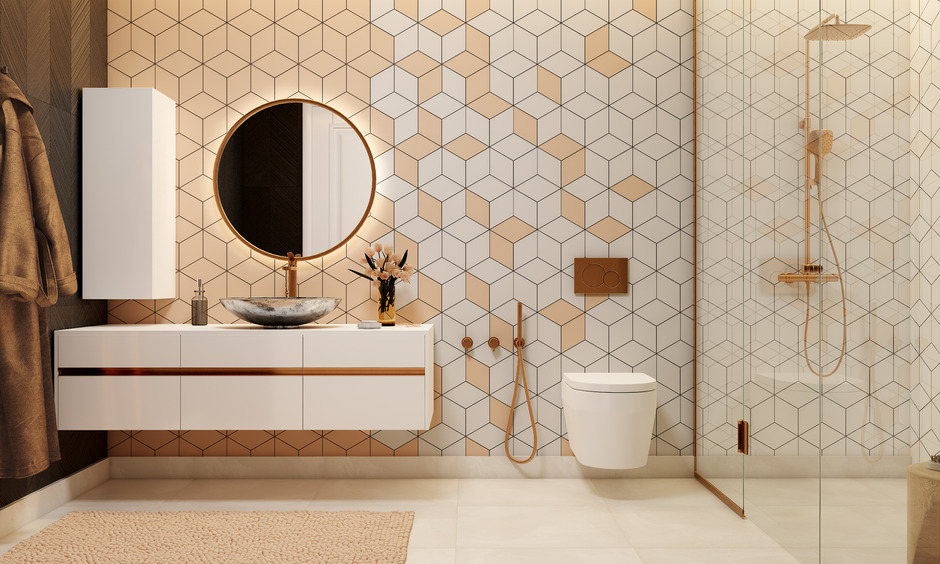 Using peach fuzz as the Pantone colour of the year 2024 for the bathroom tiles