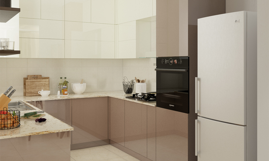 White-beige high gloss laminates for kitchen cabinets create a serene and calming ambience