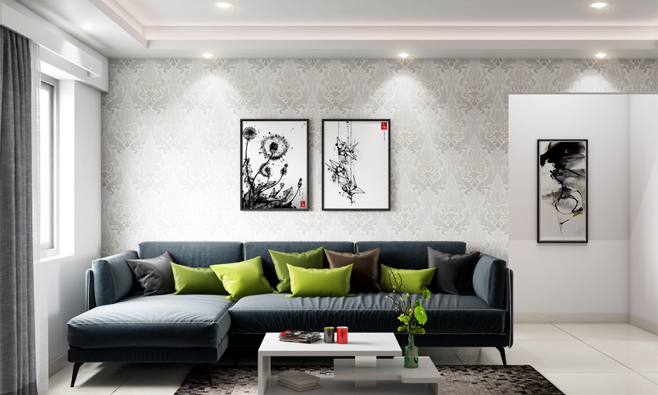 White wall decor by hanging large artwork pieces and draperies
