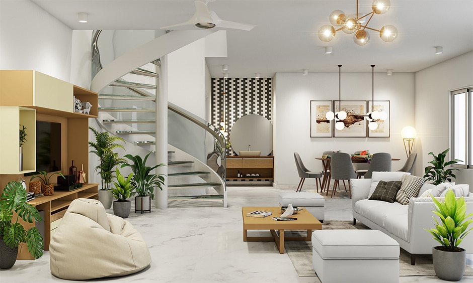 White wall decor with pendant lights to make the room look larger