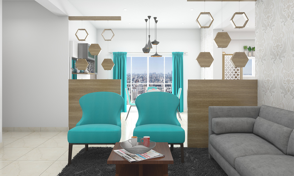 White walls with colourful furniture like sofa sets and TV units