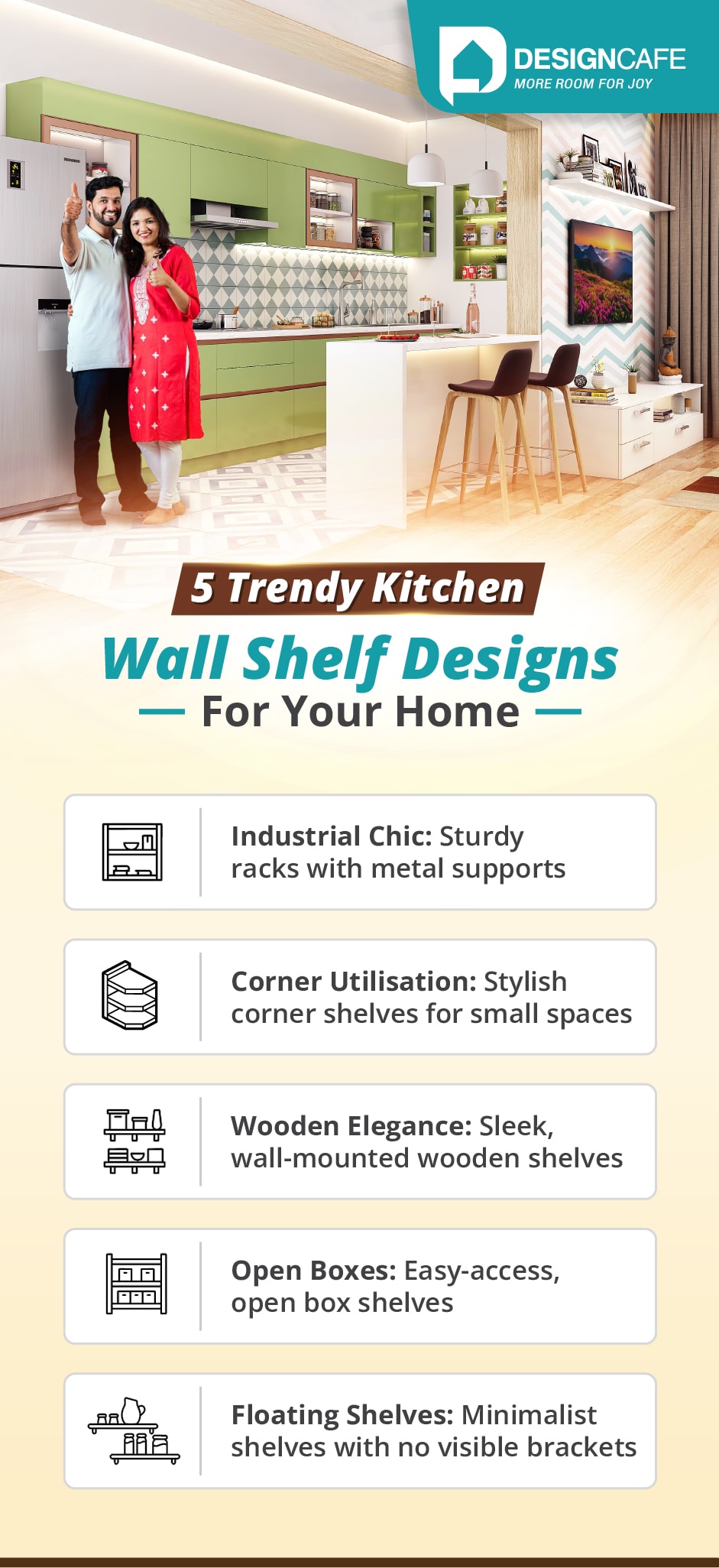 Five kitchen wall shelf designs are industrial chic, corner utilization, wooden elegance, open boxes, and floating shelves.