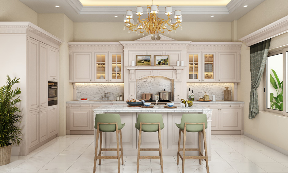 Timeless luxury kitchen blending classic and contemporary styles with soft neutrals and elegant lighting.
