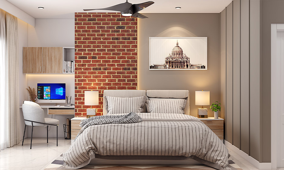 Contemporary bedroom features a half-brick wall design with a grey-coloured wall