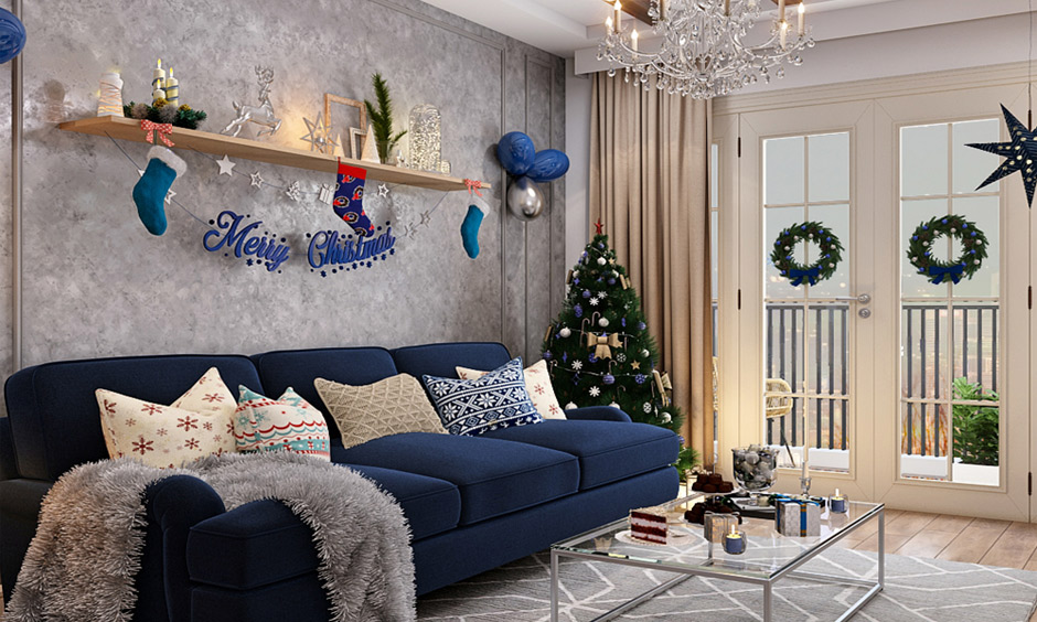 Floating shelves with lights serve as accent wall decor
