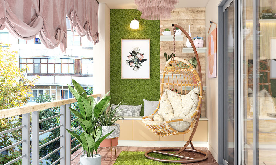 Adding water-resistant floating wall shelves to the balcony enhances its aesthetics and functionality