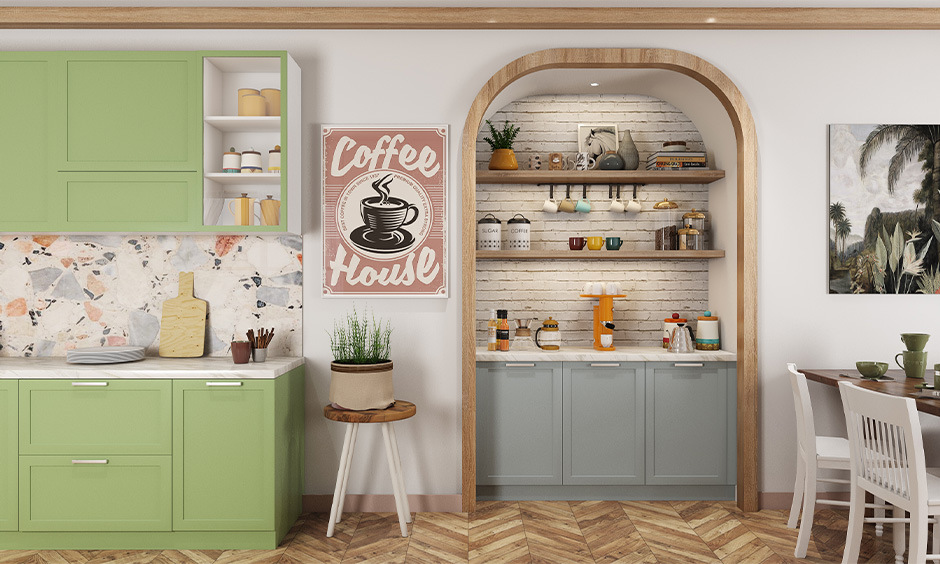 Open kitchen with floating wood shelves displaying decorative mugs, jars, and condiments