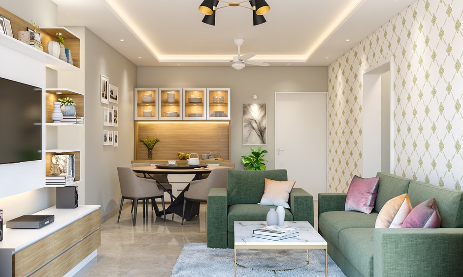 Glass wall-mounted crockery unit design in dining cum living room.
