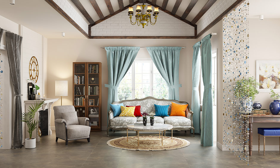 Cottage house design with high ceilings with wooden beams