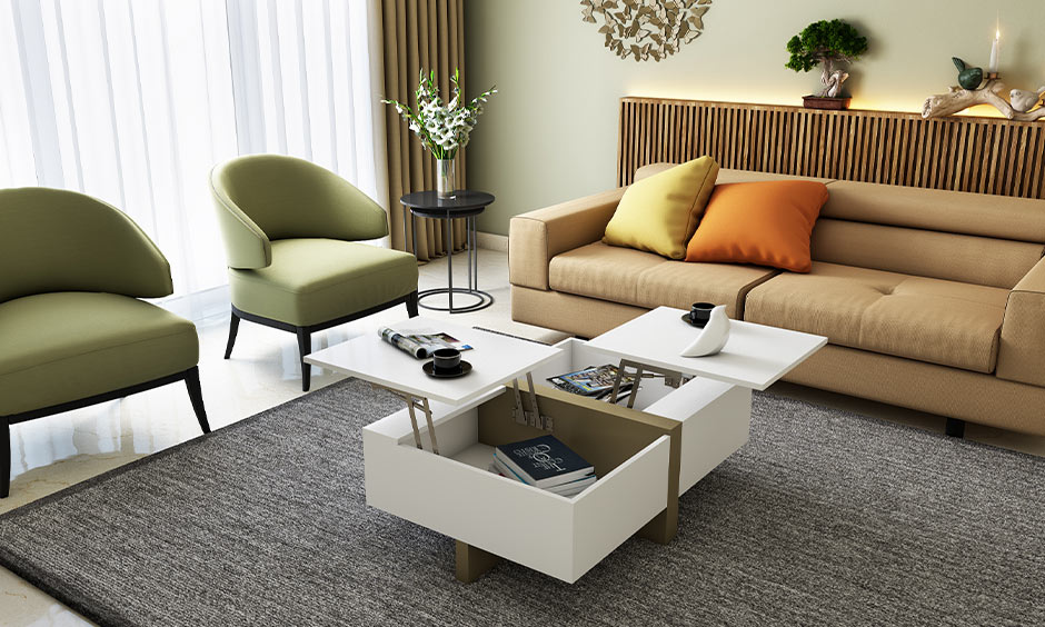 Indian cottage house design with modular lift-top coffee table for maximising space