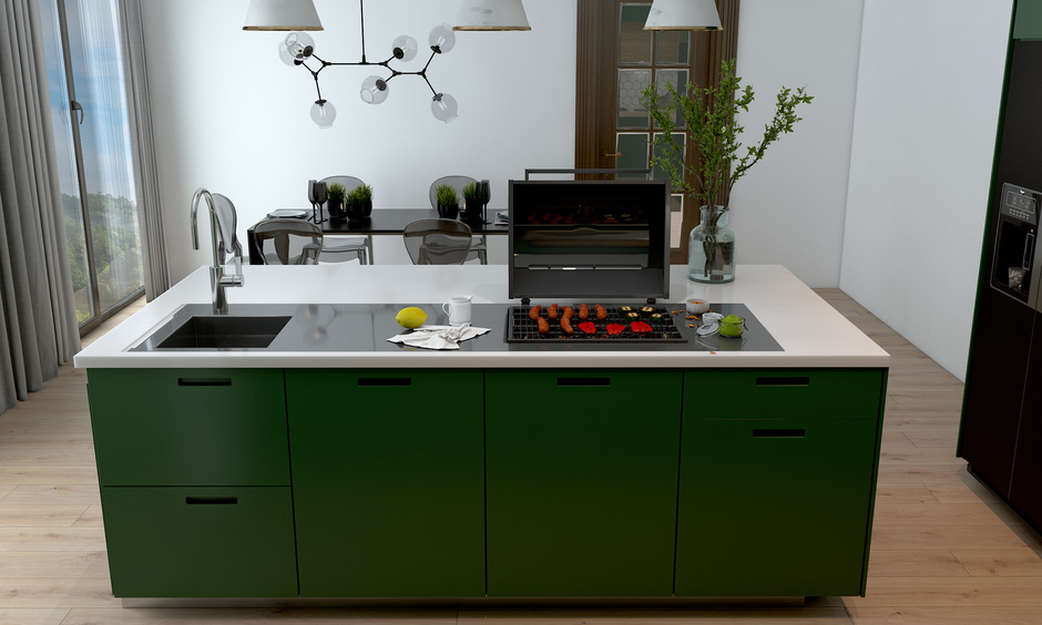 Kitchen island as simple small kitchen furniture with a built-in grill
