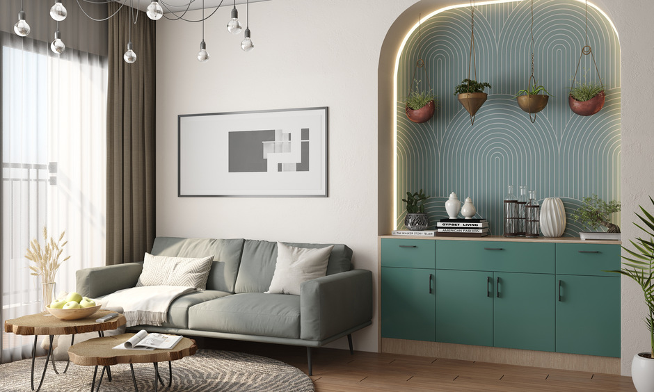 Elegant luxury flat interior adorned with fresh plants and stylish ceramic pots for a sophisticated, calming atmosphere.