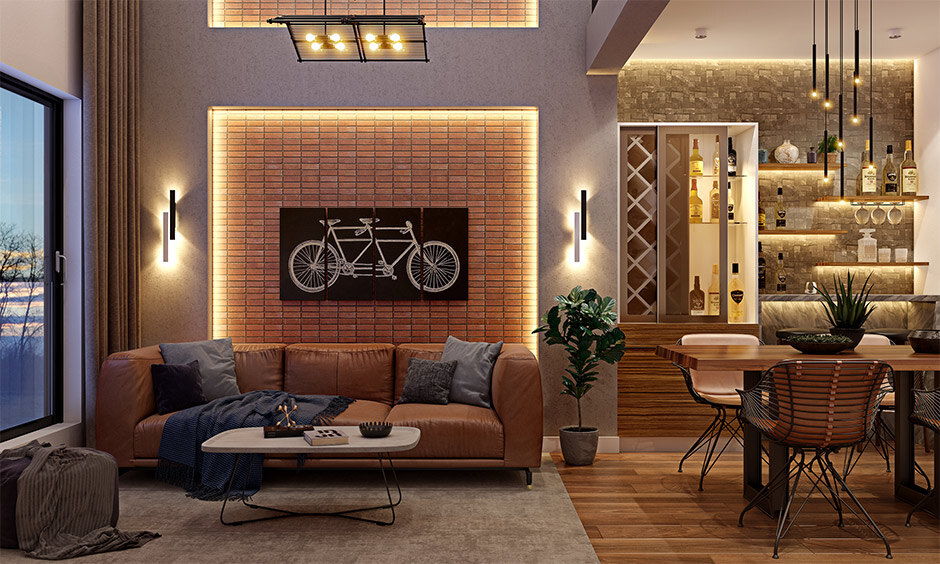 Luxurious interior lighting combines chandeliers, table lamps, and wall sconces to create a warm ambience.