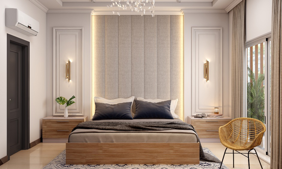 Luxury modern headboard design in plush beige upholstery with warm yellow strip lights illuminating on either side